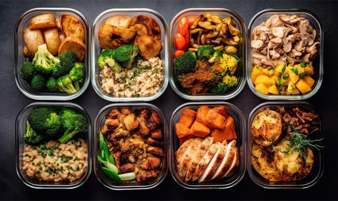 meal prep containers with dinners for 8 days